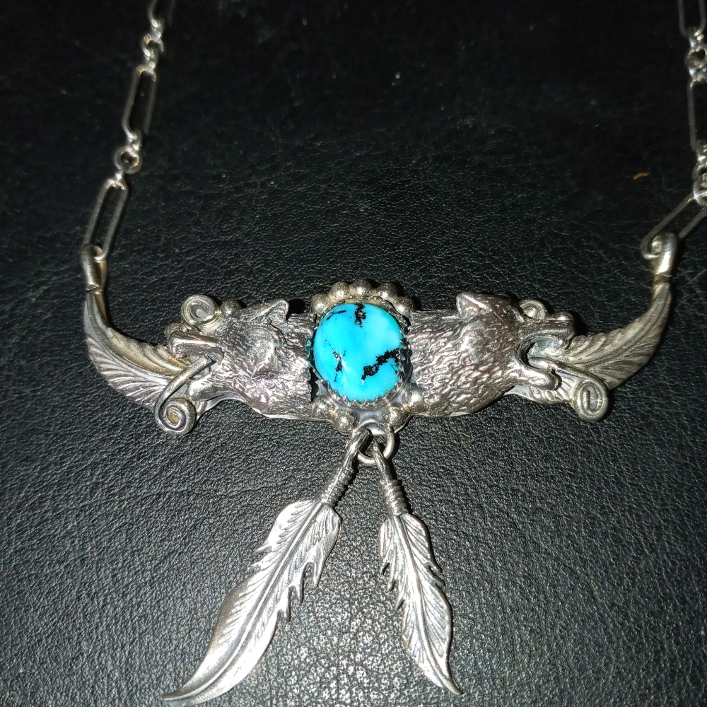 Vintage R Begay Navajo turquoise wolf necklace